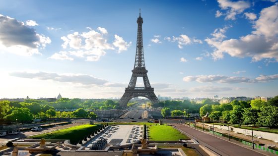 Park with fountains near Eiffel Tower in Paris, France