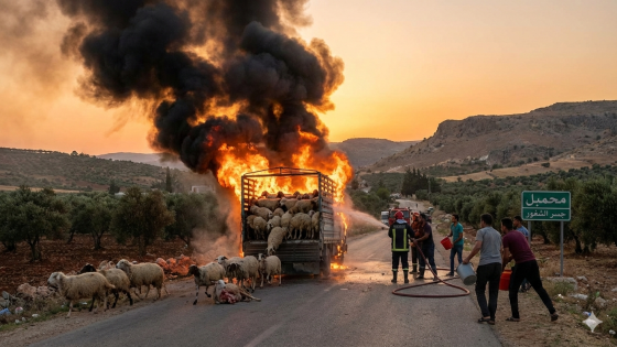 احتراق شاحنة محملة بالاغنام في محمبل بريف جسر الشغور (فيديو)